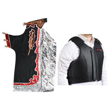 HILASON Western Horse Bull Riding Safety Leather Protective Vest & Rodeo Chaps Combo